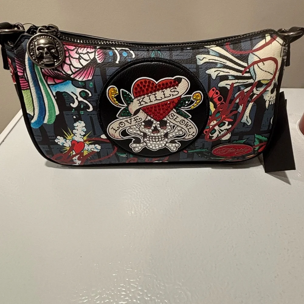 Ed Hardy Graphic Designed Handbag, NWT and Leather Cuff Bracelet, Preowned